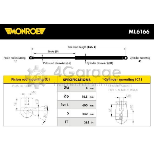 MONROE ML6166 Газовая пружина крышка багажник MONROE MaxLift