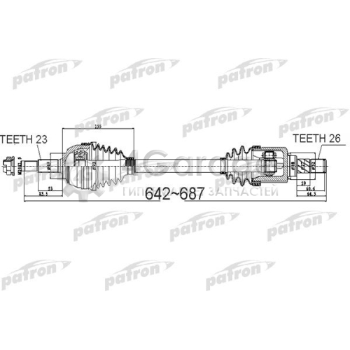 PATRON PDS0524 Полуось передняя L 23x642x49x26