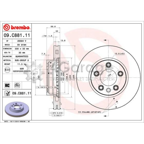 BREMBO 09C88111 Тормозной диск COATED DISC LINE