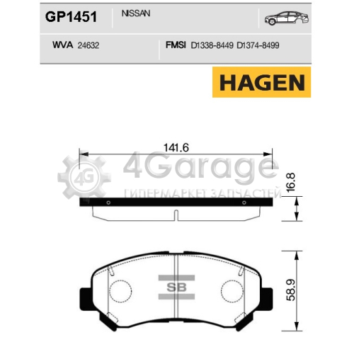 Hi-Q (SANGSIN) GP1451 Колодки тормозные передние Hagen