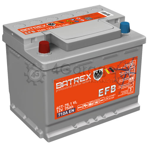 Batrex Аккумулятор Efb 75 Ah, 710 A, 276 X 175 X 190 Прям. BATREX 4610082700437 в Москве